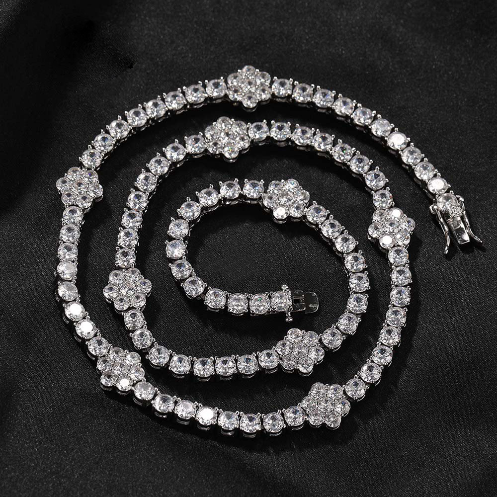 Hip Hop Flower Tennis Chain Necklace Bracelet 5A Zircon 18K Gold Plated Jewelry