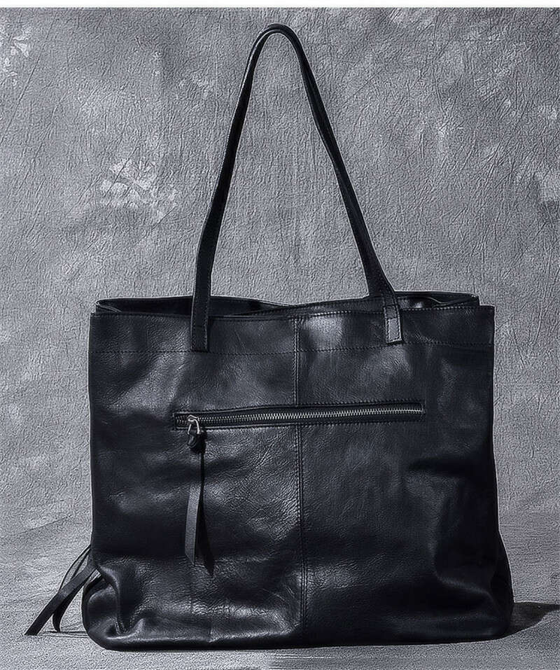 Genuine Leather Large Capacity Black Tote Men's Handbag Casual Real Cowhide Women's Work Travel Shopping Shoulder Bag
