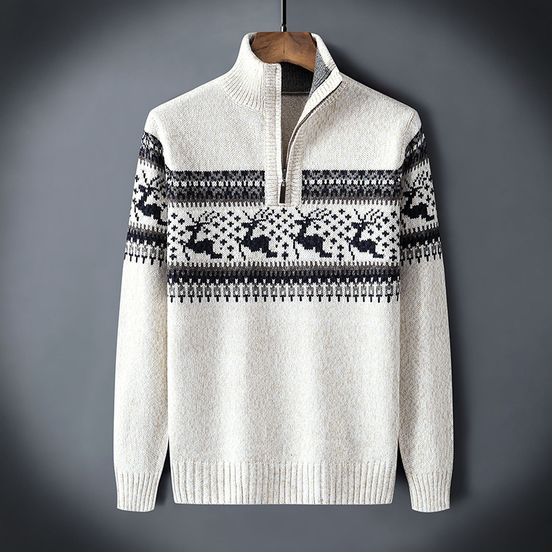 Men Autumn New Casual Jacquard Warm Half Zip Christmas Sweater Cardigan Jacket Men Winter Vintage Mock Neck Sweater Pullover Men 210930
