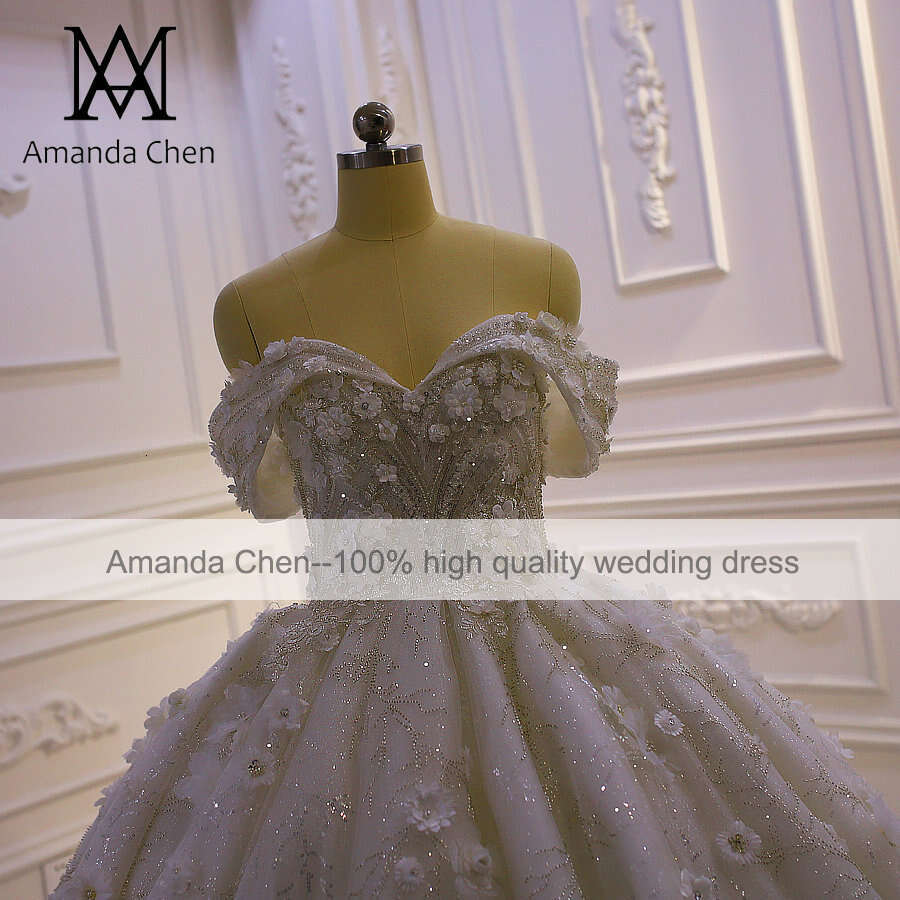Customized vestido novia civil Off Shoulder Lace Appliqued 3D wers Wedding Dress