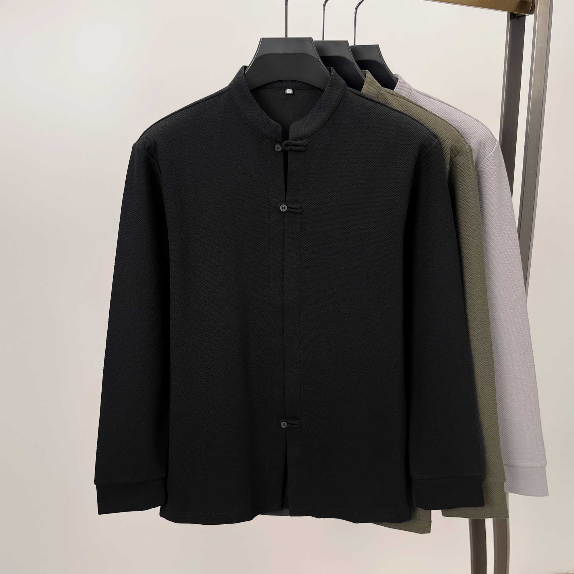 High quality long Sved mens stand up collar shirt with Chinese style design and customized button down T-shirt W241106