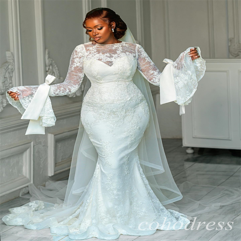 Gorgeous Lace Mermaid Wedding Dresses With Long Sleeve African Nigerian Country Civil Garden Bridal Dress Plus Size Vestio De Novias Romantic Bride