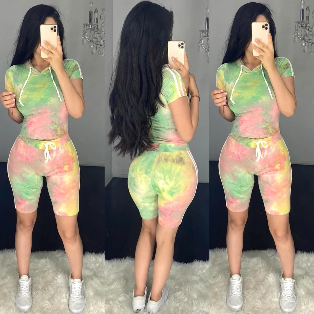New designer women's fashionable casual tie dye printed hooded sports two-piece set fashionable hoodie
