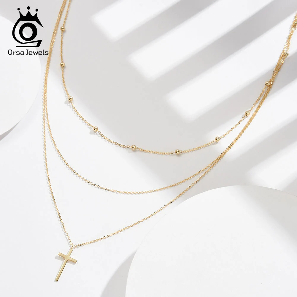 ORSA JEWELS Exquisite 14K Gold Three Layer Cross Pendant 925 Pure Silver Bead Chain Necklace Womens Party Jewelry BQN07 241106