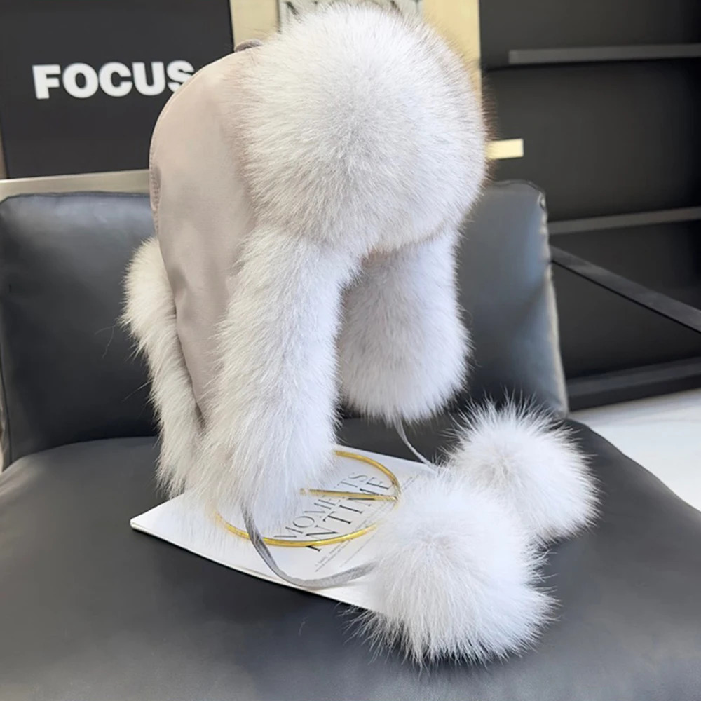 100% real fox fur hat for women Russian Usanka pilot hunter snow skiing hat earmuffs winter raccoon fur bomber hat 241106