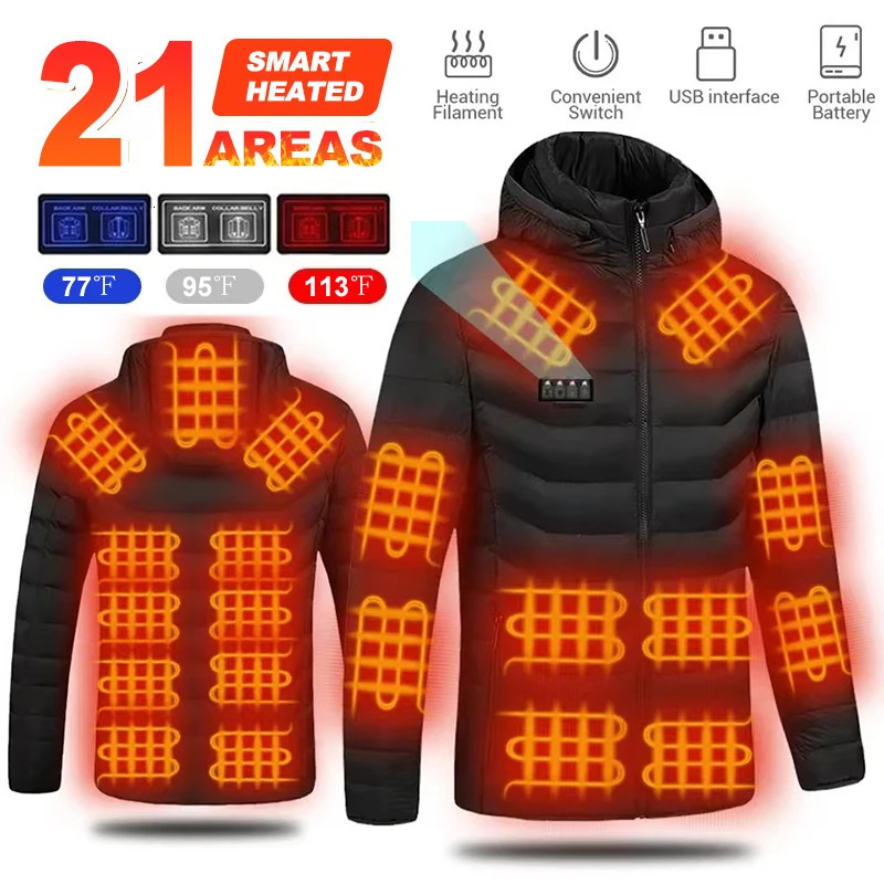 21 Areas Heated Jacket Men Warm Vest USB Self Heating Jacket Women Heated Coat Ski Camping Hiking Winter Cotton Clothes Washed 241106