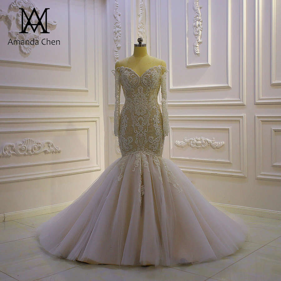 Off Shoulder Long Sleeve Lace Appliques Champagne Mermaid Wedding dress