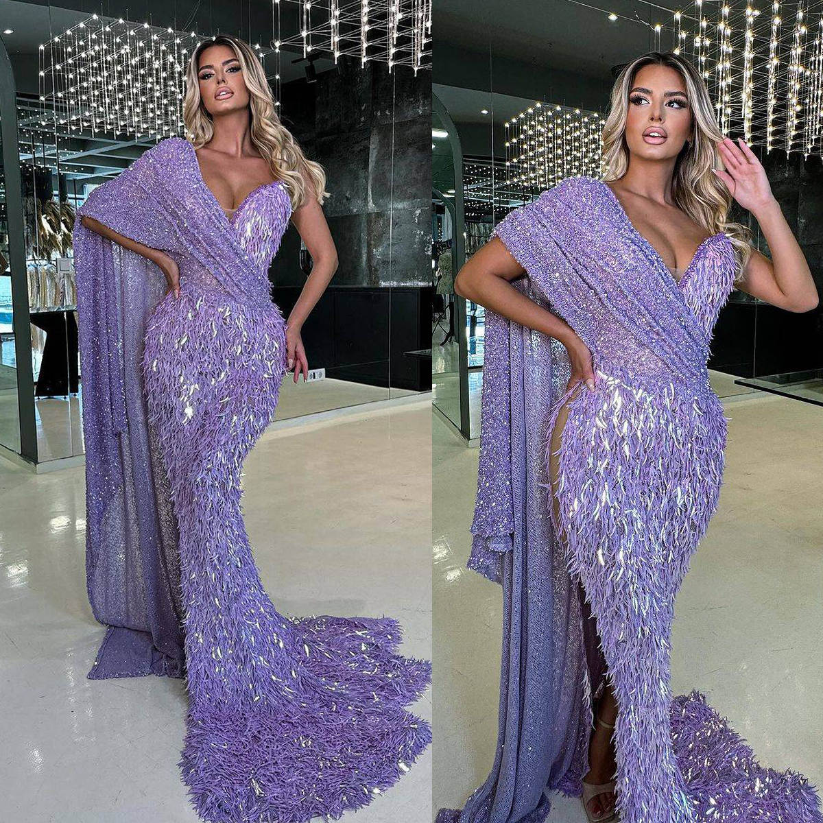 Purple Mermaid Prom Dress Beaded Sequined Tassels Evening Formal Party Second Reception 50th Birthday Engagement Thanksgiving Gowns Dresses