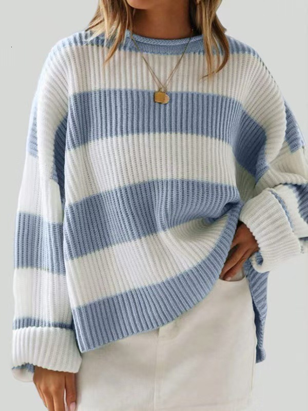 2025 Autumn And Winter Round Neck Long Sleeved Striped Knitted Shirt For Women Flared Sleeve Loose Sweater Woolen Sweater