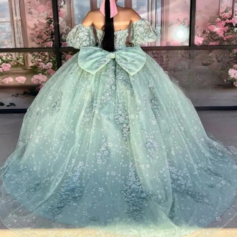 Mint Green Shiny Princess Ball Gown Quinceanera Dresses Off The Shoulder Sequin Applique Lace Beads Tull Sweet 16 Dress Vestido De 15 Anos