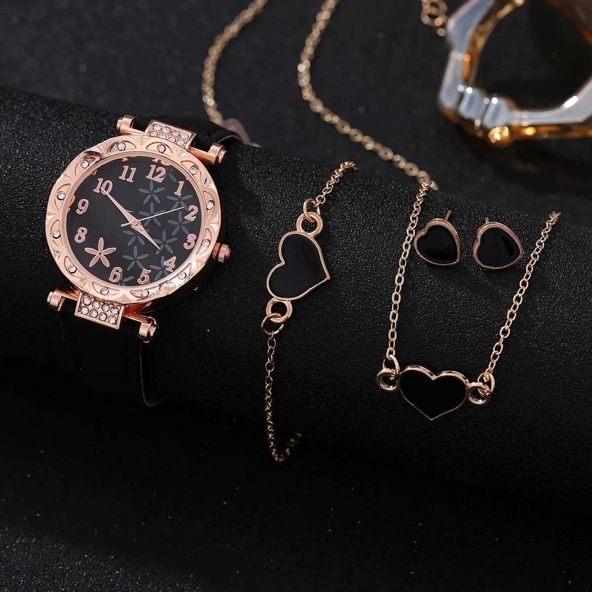 5 quartz watches for Wenpu leather watch black jewelry set perfect gift for her M girlfriend X241106