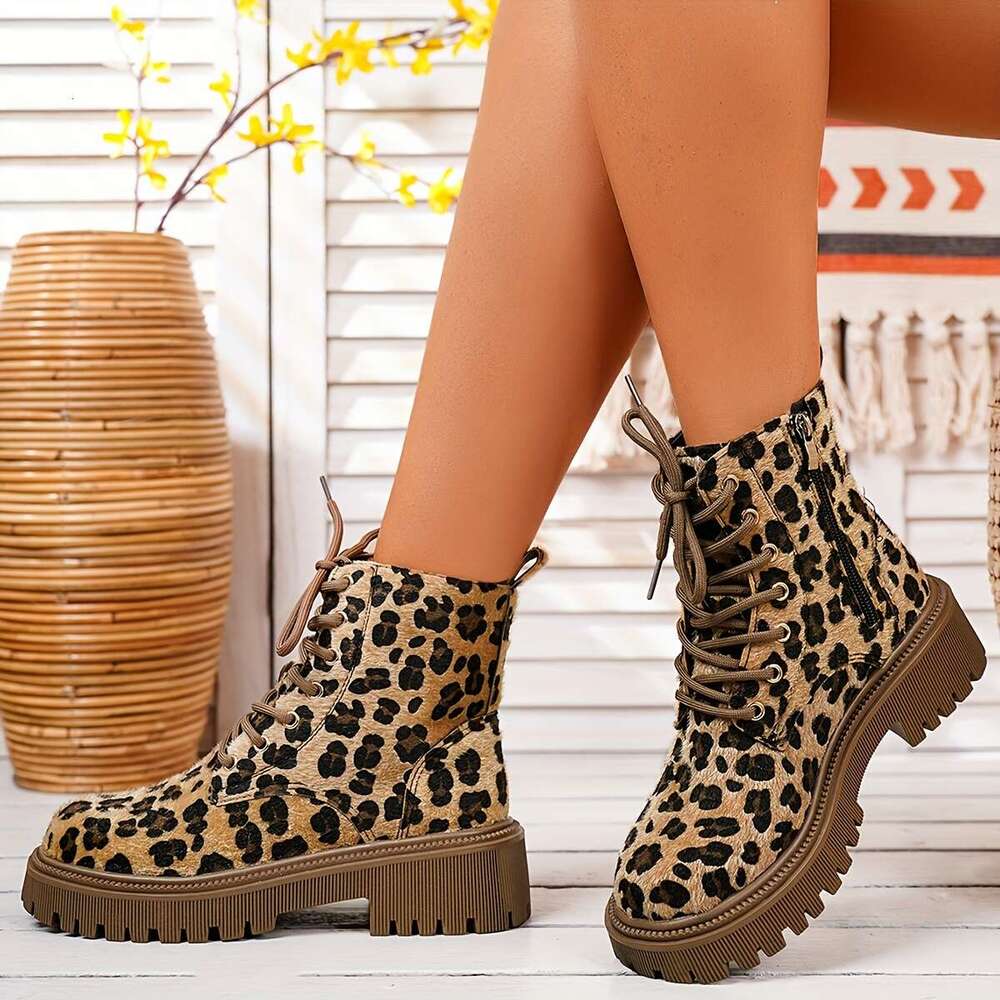 Mid Heel Womens Round Toe Leopard Print Ankle Boots Soft, Comfy, Block Heel, Lace Up, Rubber Sole, Fabric Upper - Perfect for Fall, Dress Ocn, Everyda