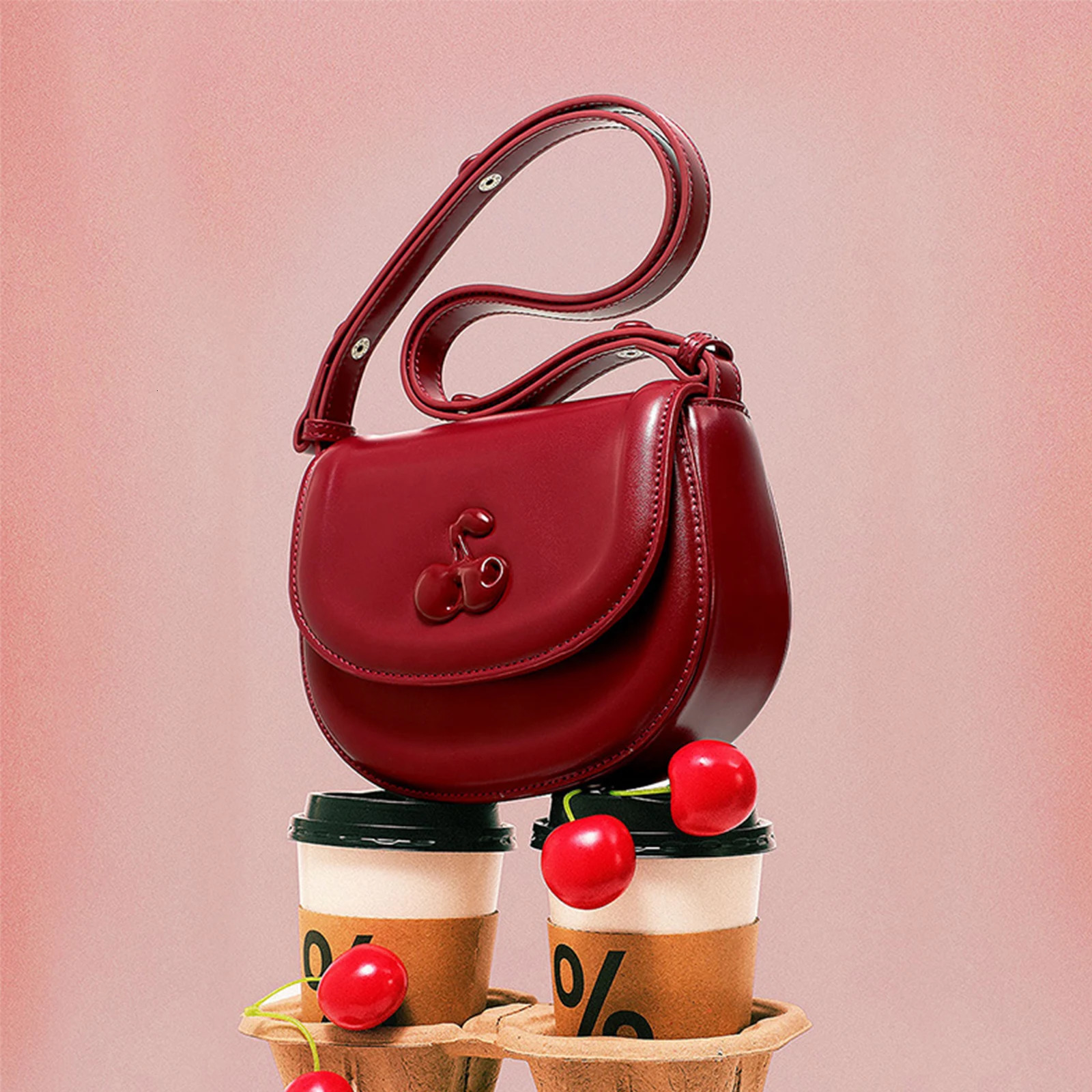TOUTOU Shoulder Saddle Bag Adjustable Shoulder Strap Cosmetics PU Cherry Women 2024 Fashion Ten Font Handbag Women Christmas Gift241106