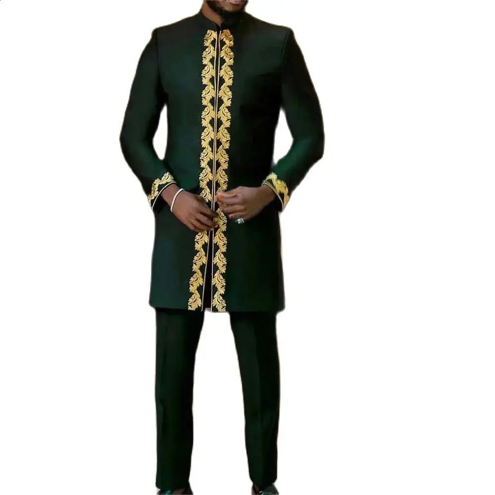 White Kaftan Mens Set Embroidered Flower Top Kaunda Set African Casual Clothing Traditional 2PCS Set Wedding Evening Dress 241106