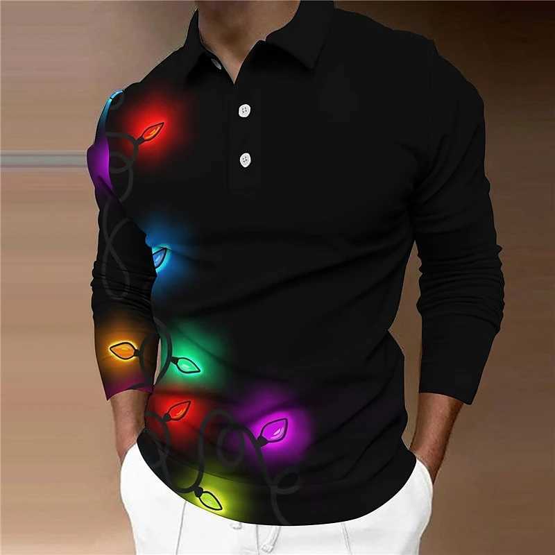 Simple Christmas light pattern shirt fashionable autumn long Sve 3D printed mens casual T-shirt W241106