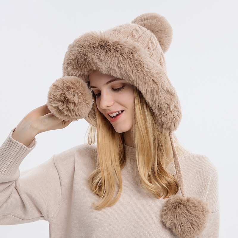 Knitted Hat Fluff Warm Thicken For Winter Women Cap Skiing Windproof Hats Cute Beanies Ladies Korean Gift 241105
