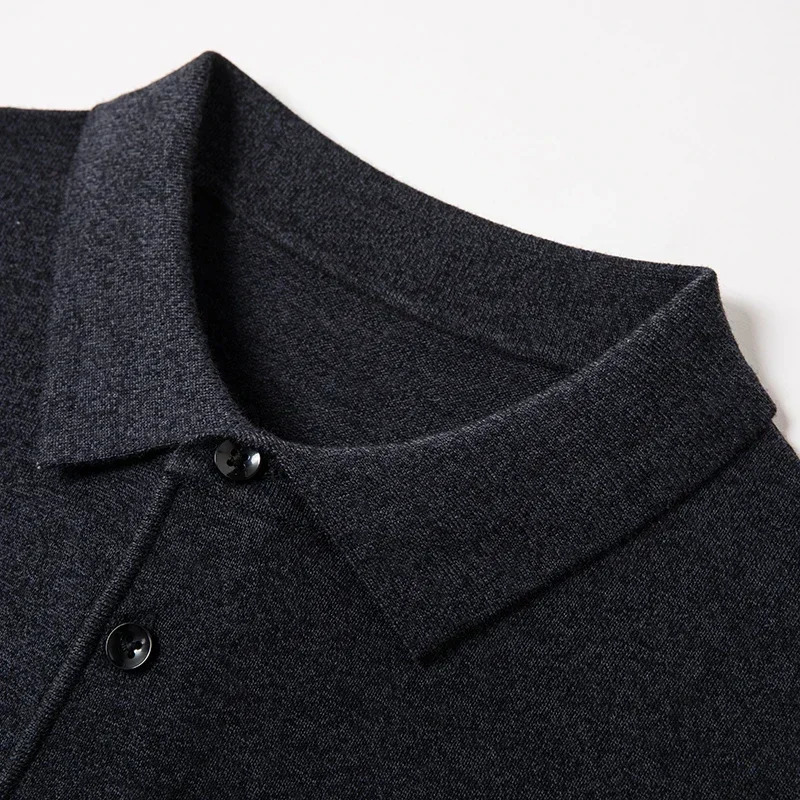 Mens Autumn Long-Sleeved Wool Blend Solid Color Polo Pullover Sweater with Lapel Casual Bottoming Sweater -Sizes M-4XL 241106