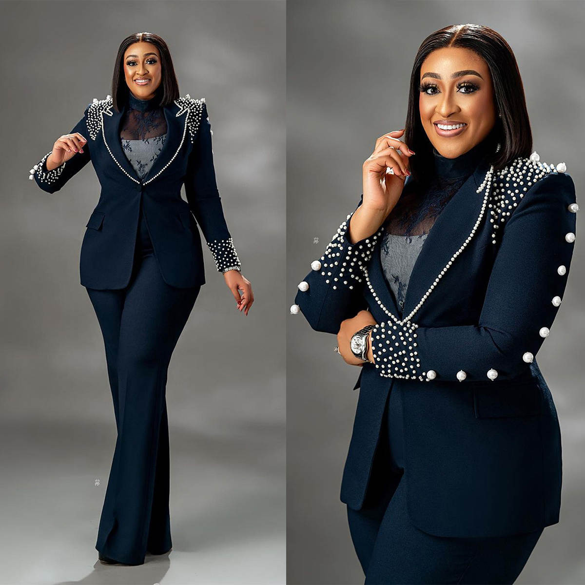 Women Pant Suits Plus Size Big Pearls Beads Blazer Ladies Outfits Party Birthday Prom Blazer Fashion 2 Pieces Sets Mother Pants Suit