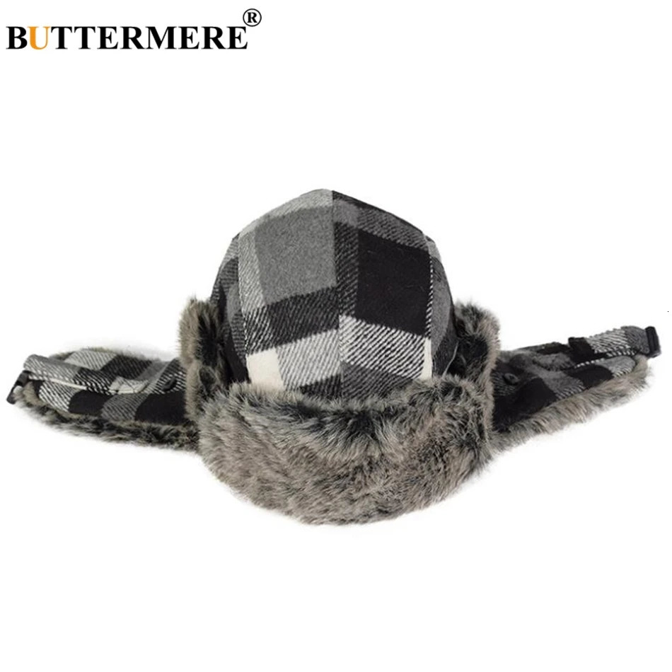Buttermere Winter Bomber Hat Womens Grey Checkered Russian Ushanka Hat Warm Thick Skiing Mens and Womens Outdoor Earrings Trap Hat 241106