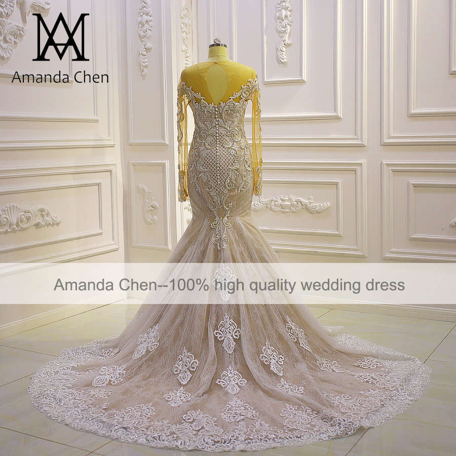 robe mariee Long Sleeve Handwork Crystal Rhie Mermaid Wedding Dress