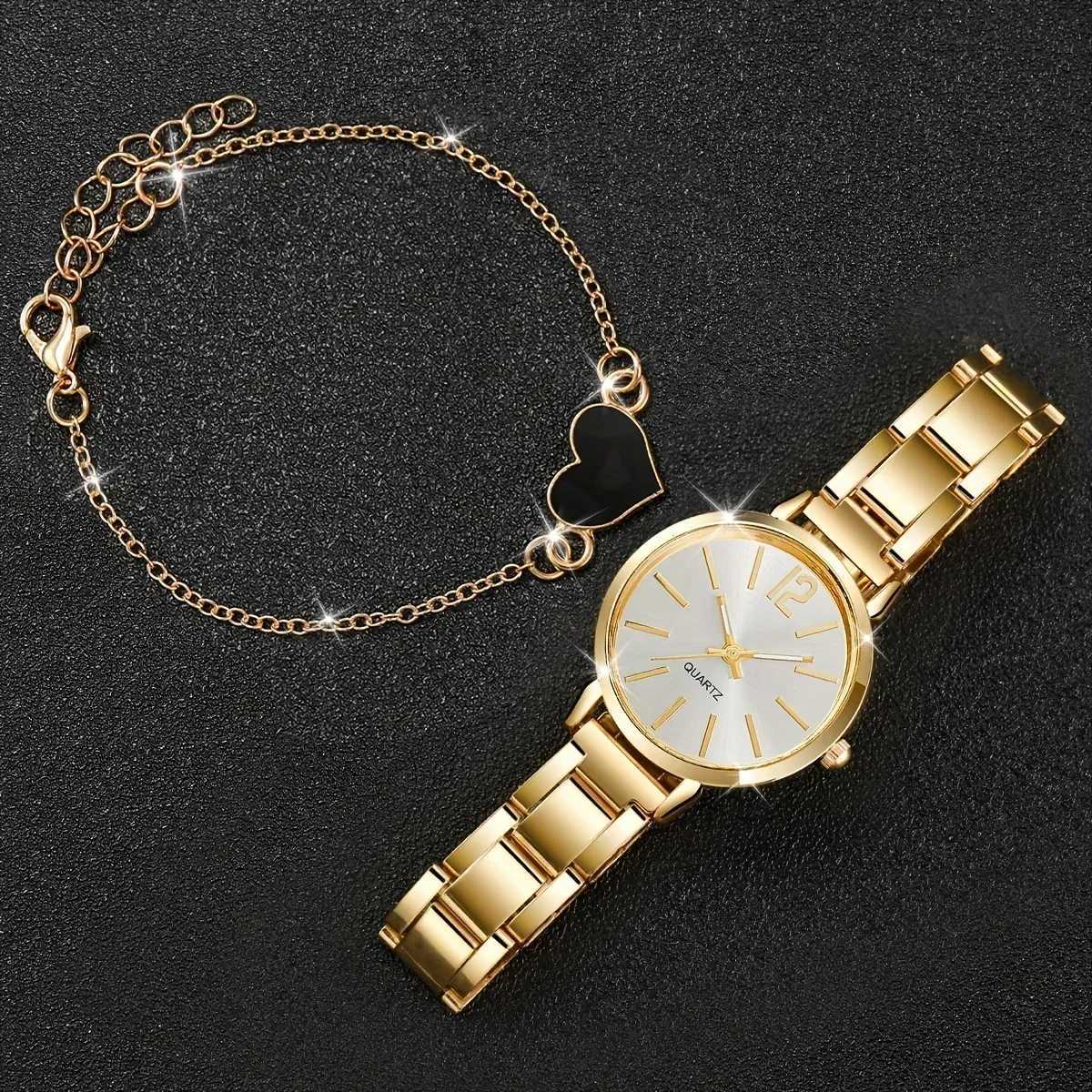 Elegant gold watch luxurious and fashionable womens watch 2-piece business and fashionable quartz watch charming bracelet set gift X241106