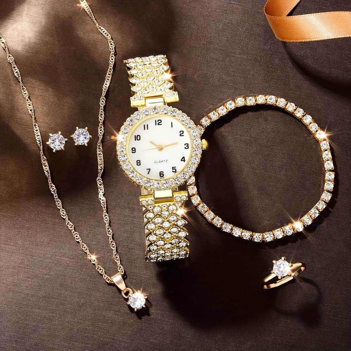 1 rhinestone decorated quartz analog watch and 5 jewelry sets Childrens Day gift X241106