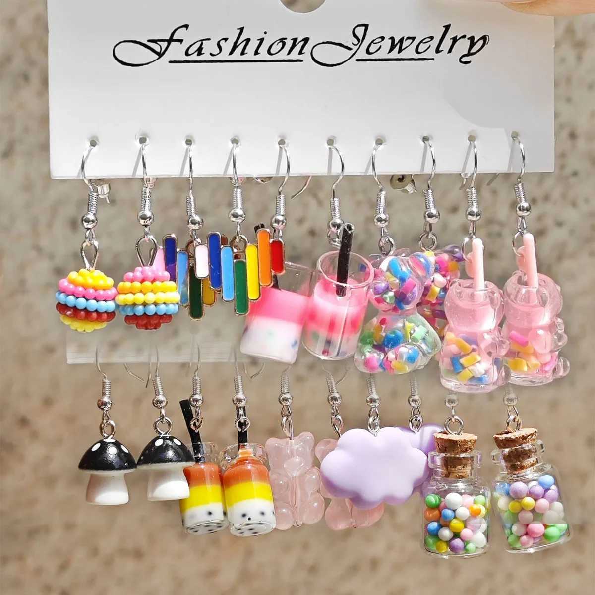 10 pairs of fresh colored resin pendant earrings with cute flowers milk tea earrings Fem X241106