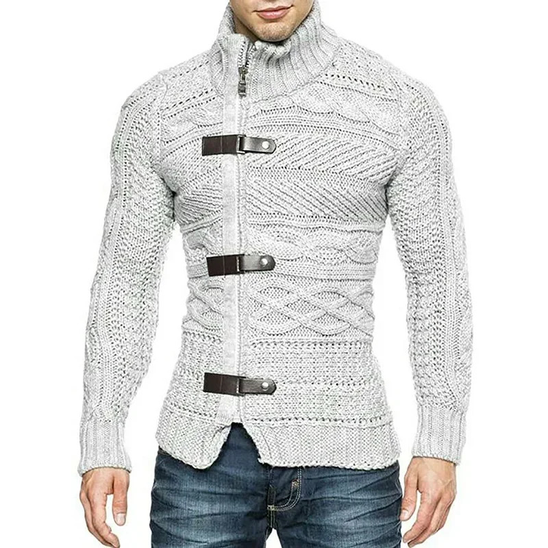 Men Sweaters Autumn Winter High Neck Sweater Mens Leather Buckle Long Sleeve Knitted Cardigan Coat Large Size Men Clothing 241106