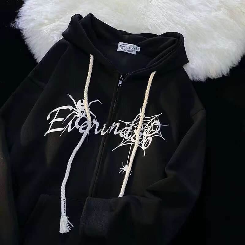 shanshi spider hoodie American spider print hooded cardigan with fleece hoodie men women in autumn and winter, trendy high street jacket for couples h