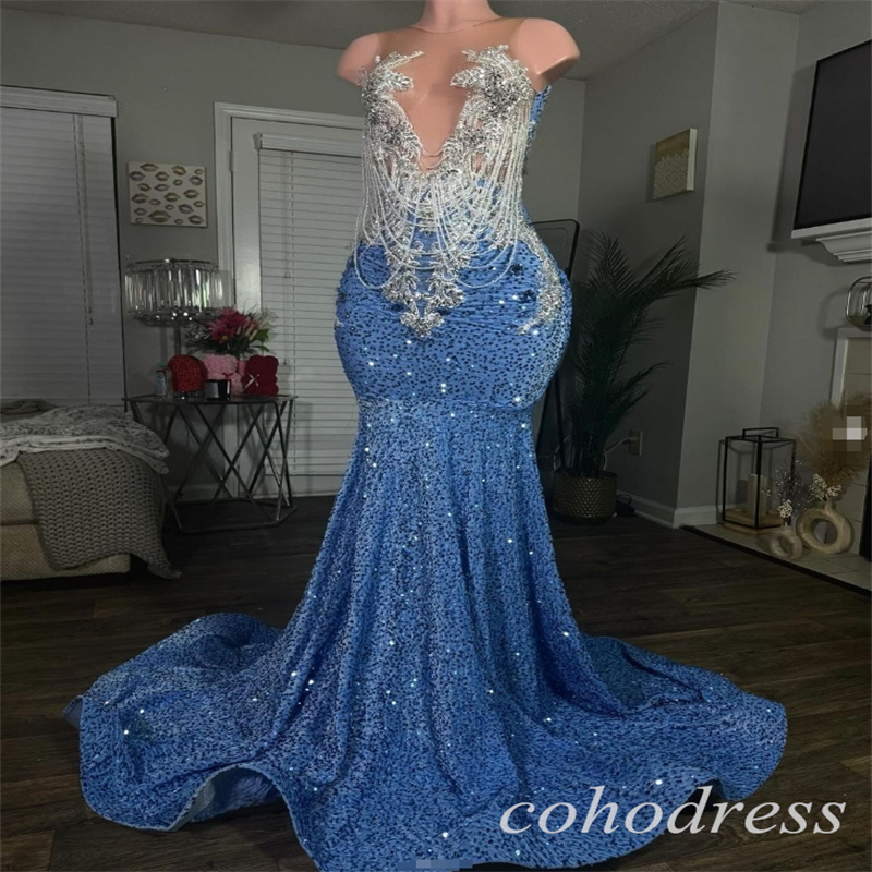 Robes de bal bleu incroyables pour femmes noires paillettes scintillantes South African Sirène robe de soirée paillette perlé de taille plus robe