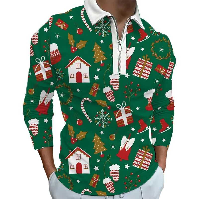 Spring/Summer New Mens Long Sve 3D Digital Printed Christmas Zipper Mens 100% Polyester Fashion Collar Top W241106
