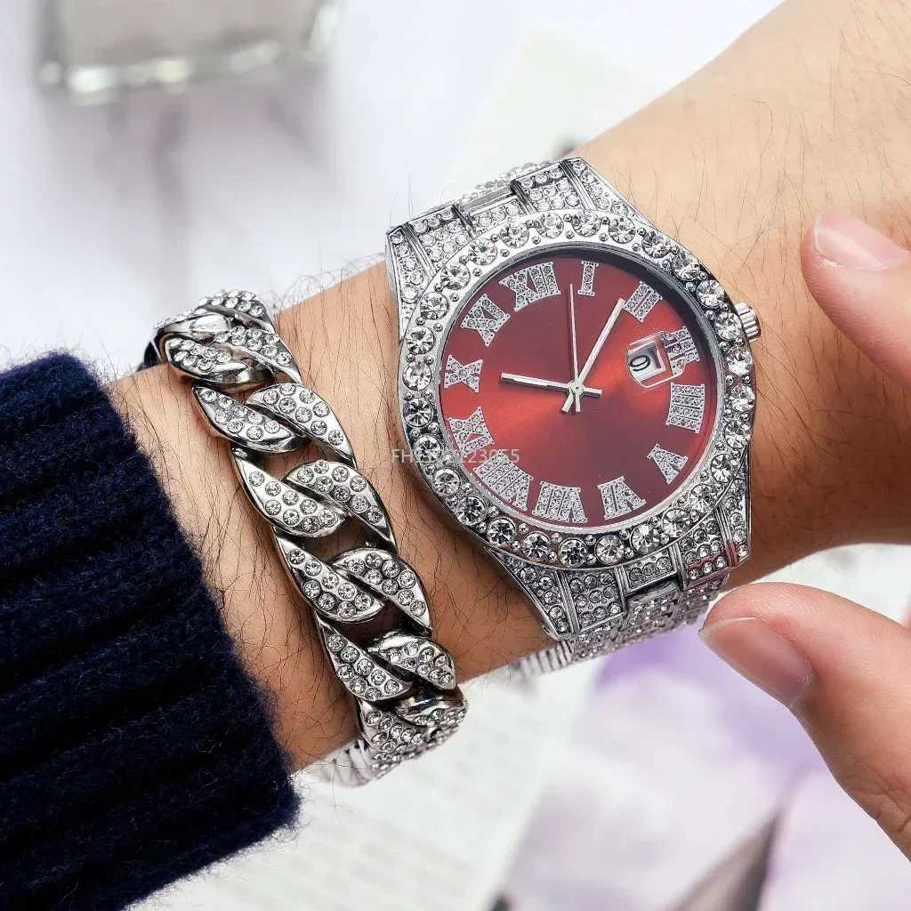 Watch Bracelet Set Hip Hop Stainless Steel Gold Cndar Watch Mens D Out Paved Rhinestones Mens Watch Reloj Hbre X241106