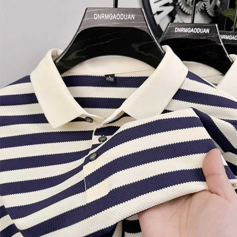 Luxury high-quality long SVE shirt mens spring autumn new striped casual Korean style lapel T-shirt W241106
