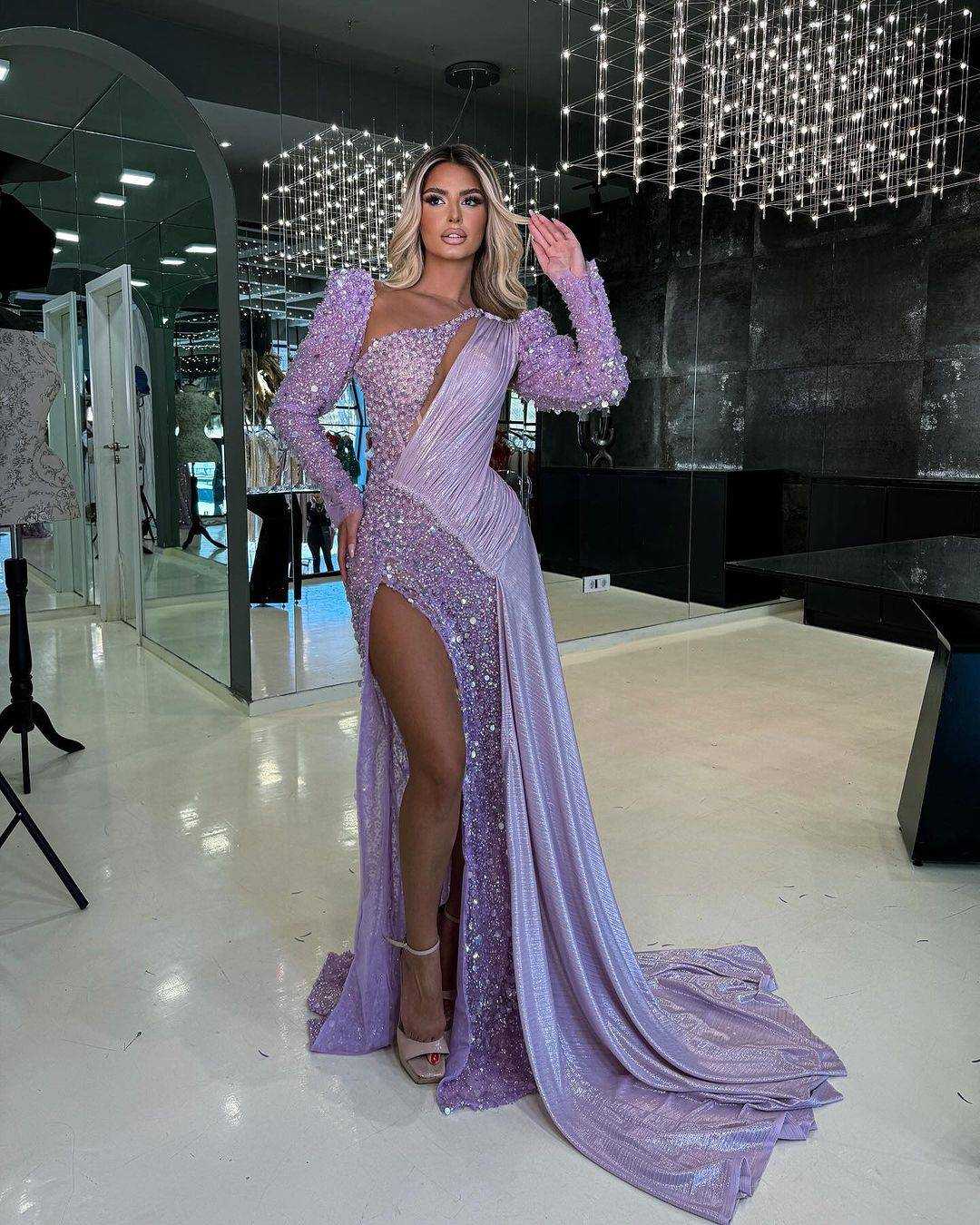 Luxurious Purple Prom Dresses Mermaid Lace Beading Sequined Evening Gowns African High Split Special Occasion Dress