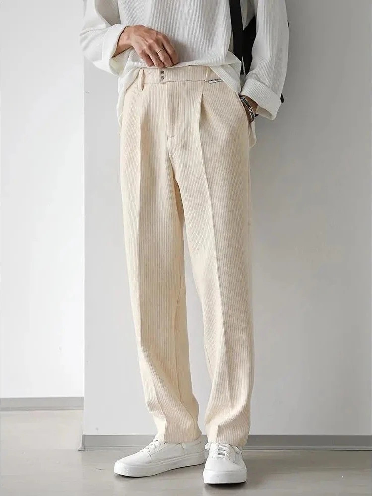 Gmiixder Mens Casual Pants Spring Autumn Oversize Elegant Wide Leg Trousers Japanese Simple Solid Beige Straight Corduroy 241104