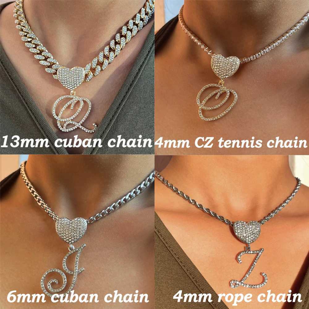 New A-Z Cursive Letter pendant d Out Cuban necklace for Wen Initial Zircon Link chain necklace necklaces hip-hop jewelry X241106