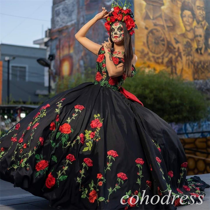 Black Mexican Quinceanera Dresses Embroidery Vestidos De 15 Anos Elegant Birthday Party Gowns Halloween Cosplay Vestio De Novias Sweet 16 Dress Vestid