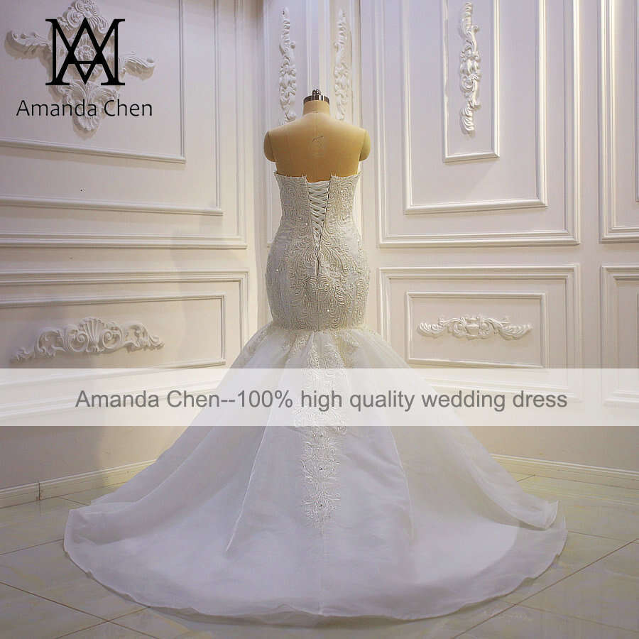 robe Lace Appliqued Beading Mermaid Off White Strapless Wedding Dress