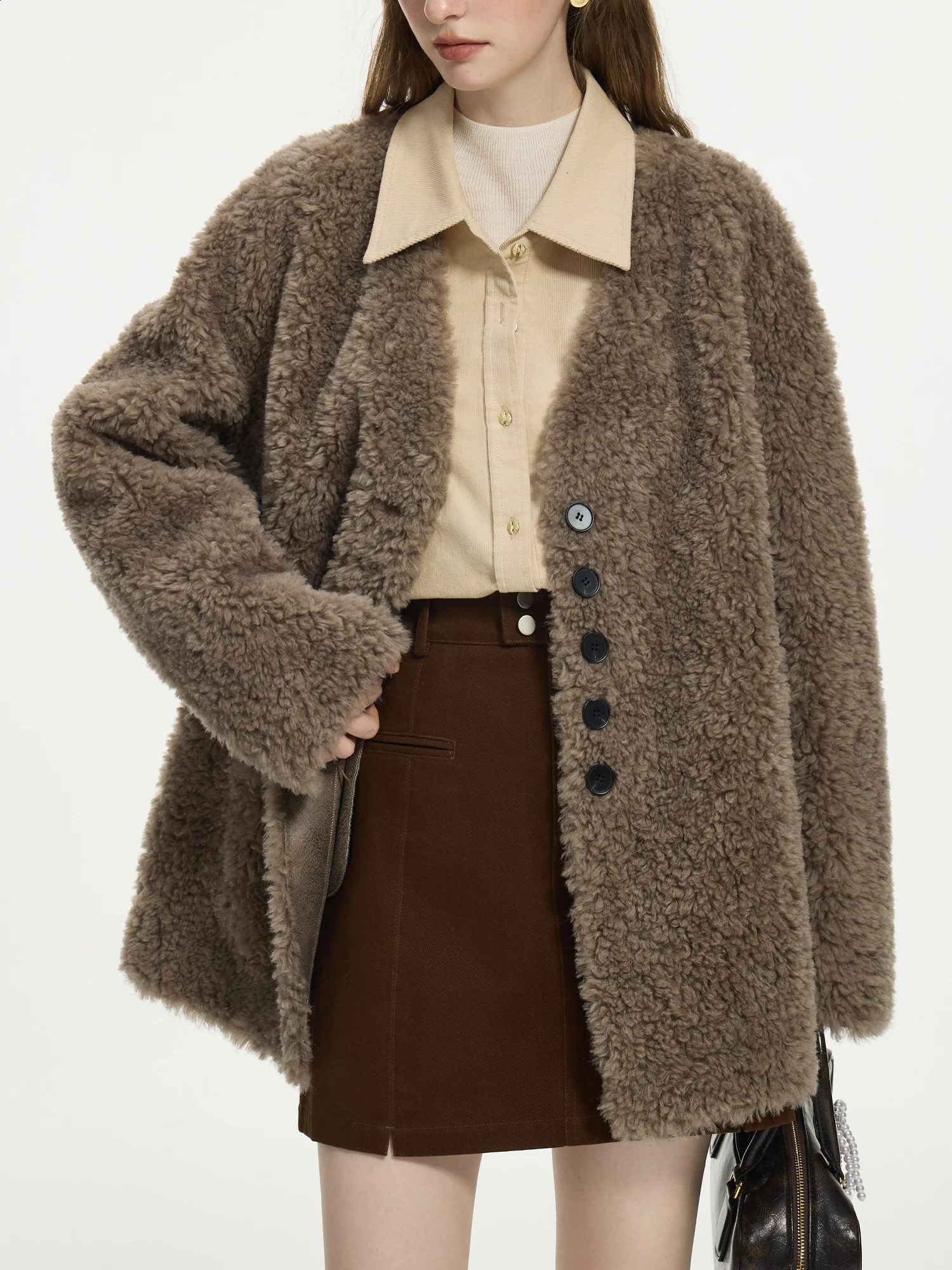 FSLE 100% Wool Women Khaki VNeck Warm Jackets Gentle Winter Loose Coats DoubleFaced Fur Dark Coffee Coat 24FS14508 241104