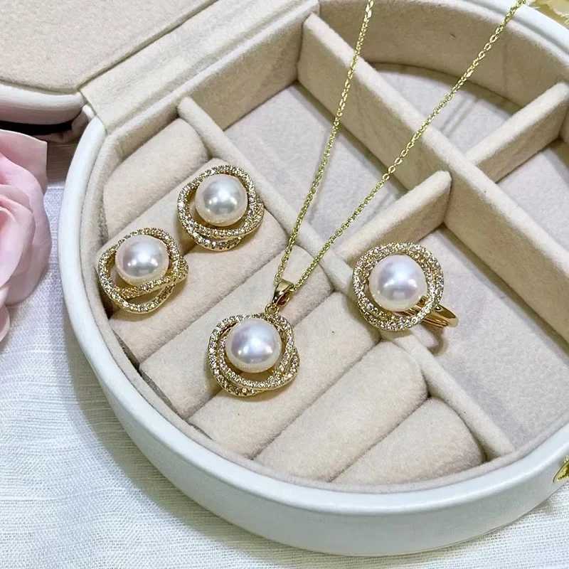 Newly inlaid zircon pearl necklace ring and earring set suitable for daily accessories party jewelry birthday gifts and more X241106