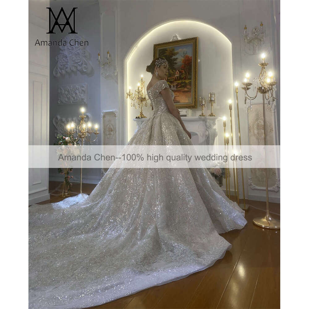 Square Neck Sleeve Lace Glitter Crystal Beads Long Train Wedding Dress