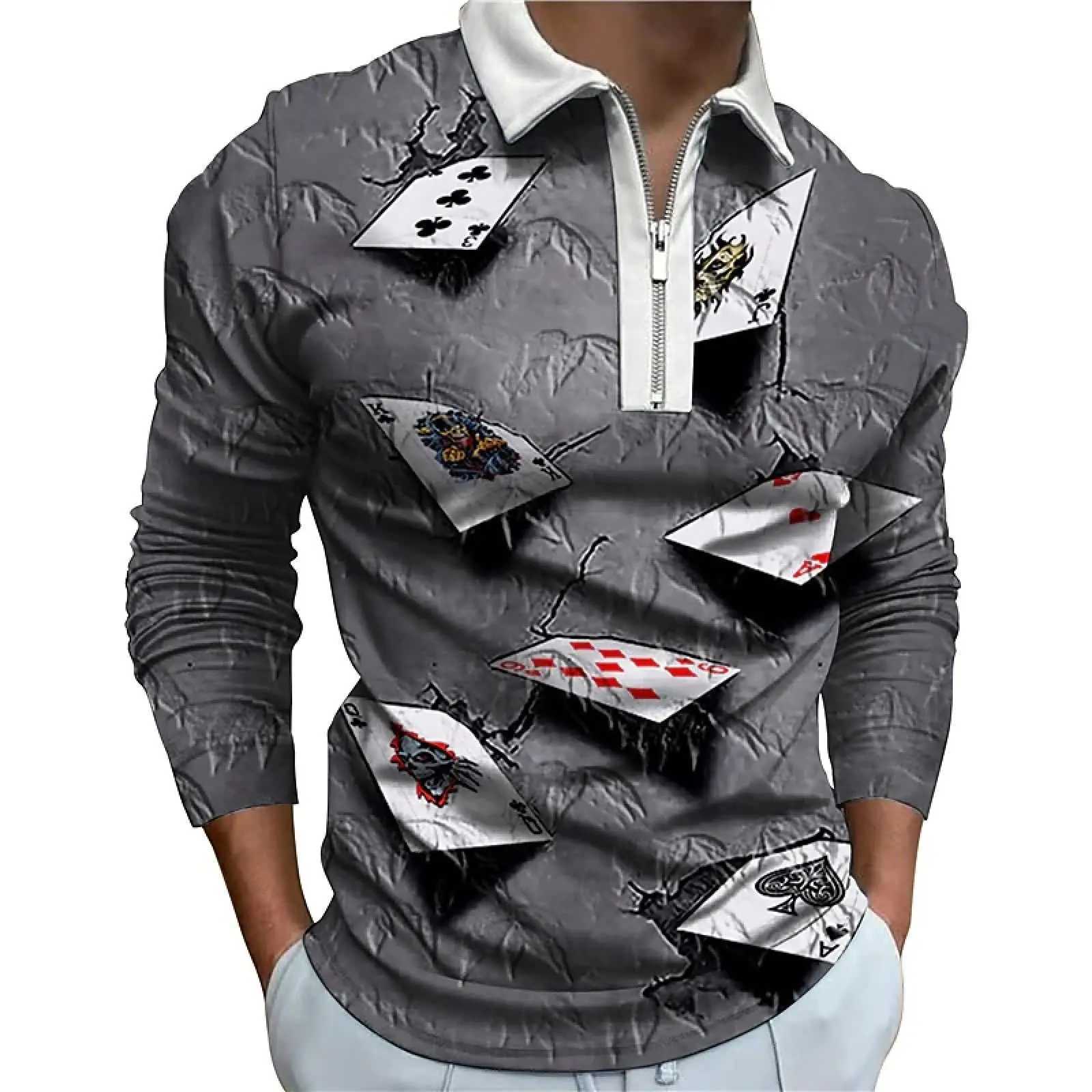 Shirt Mens Poker Card Pattern Printed Strt Harajuku Zipper T-shirt Mens Top Vent Length Sve Mens Clothing W241106
