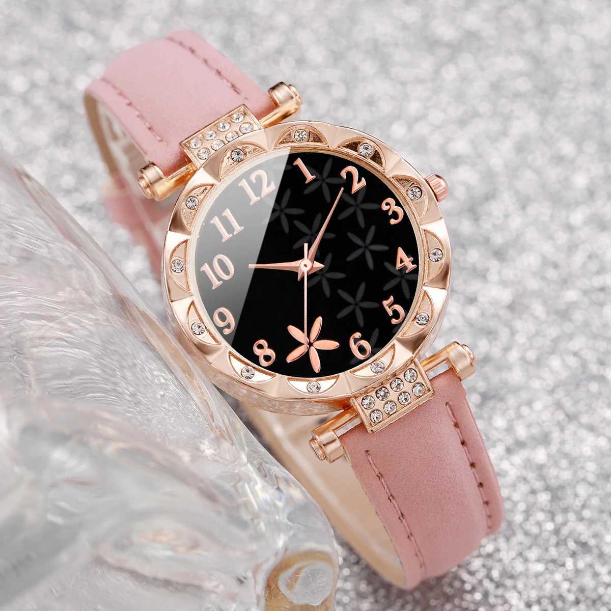 6-piece/set Wens Watch Fashion Flower Dial Leather Quartz Watch with Bracelet Set X241106