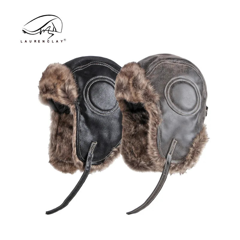 Russian Hunter Soviet Ushanka Bomber Hat Knitted Leather Earrings Fur Lining Mens Winter Hat 241106