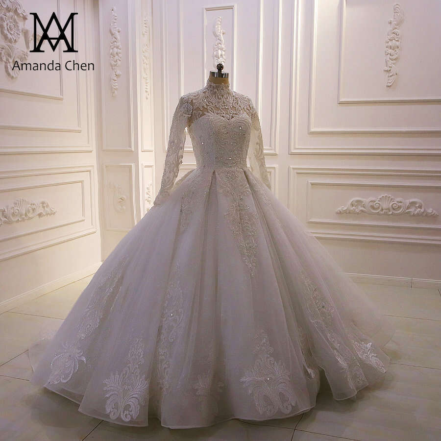 robe mariage femme High Neck Long Sleeve Lace Appliqued Wedding Dress