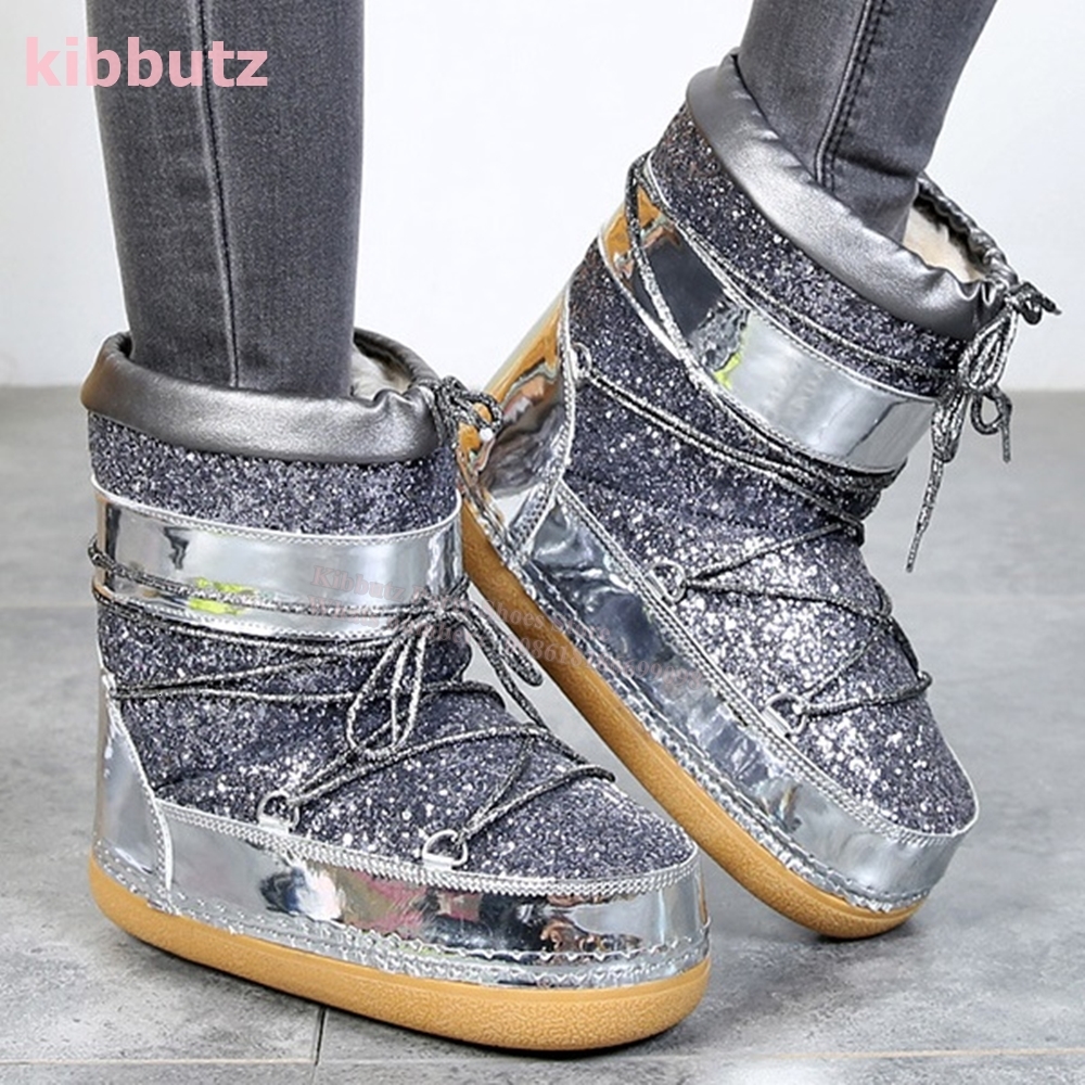 Patent Leather Glossy Snow Ankle Boots Round Toe Platform Lace-Up Height Increasing Fashion Concise Warm Women Shoe New