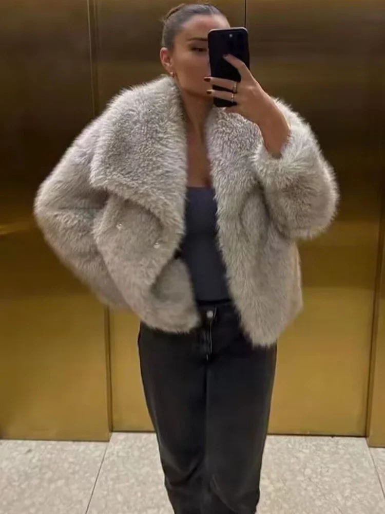 TRAF Faux Fur Coat Plush Fluffy Womens Jacket 2024 Woman Autumn Winter in Outerwears White Red Gray Black Wool Blends Coats 241106
