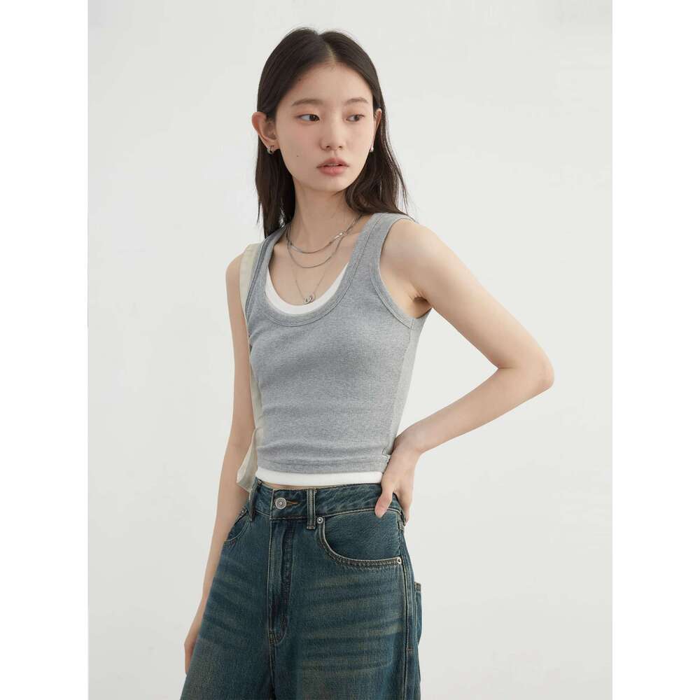 CHIC VEN Women Tan Casual U-Neck Contrasting Color Splicing Female Vest Slim Fit Woman Suspender Autumn 2024