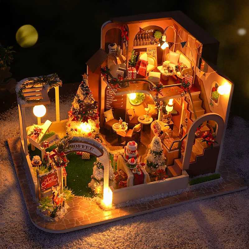 Architecture/DIY House DIY Wooden Doll Houses Christmas Coffee Shop Casa Miniature Building Kit Villa Dollhouse with Furniture Led Light for Girls Gif