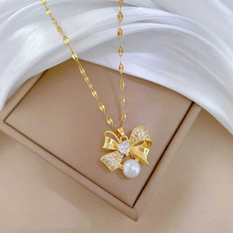 Classic Personalized Micro inlaid Pearl Stainless Steel Bow Necklace Earring Set Fashion Girl Ning Accessories Gift X241106